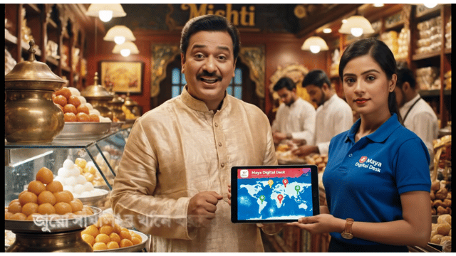This image showcases a mithai wholesaler’s journey to worldwide delivery, enabled by global digital campaigns and online reputation building.